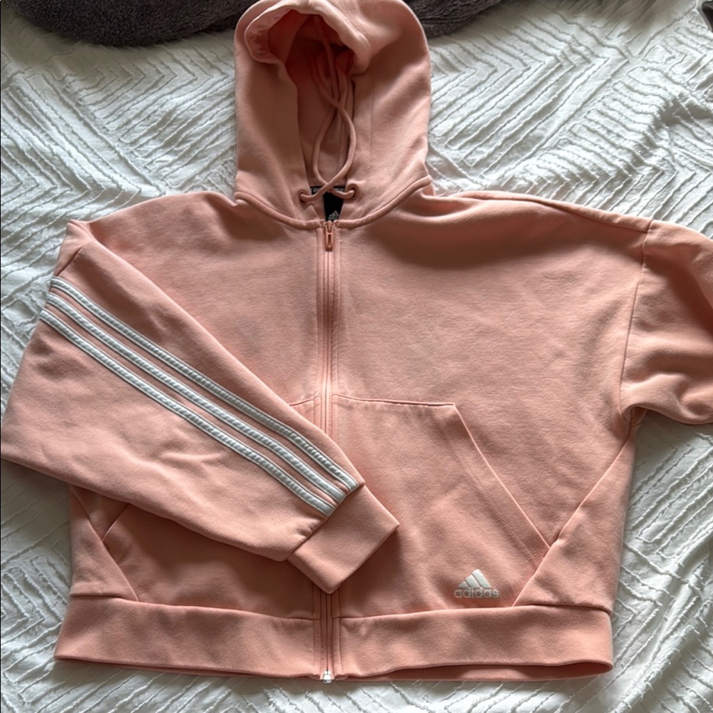 Adidas Light Pink Zip-Up Hoodie with White Stripes